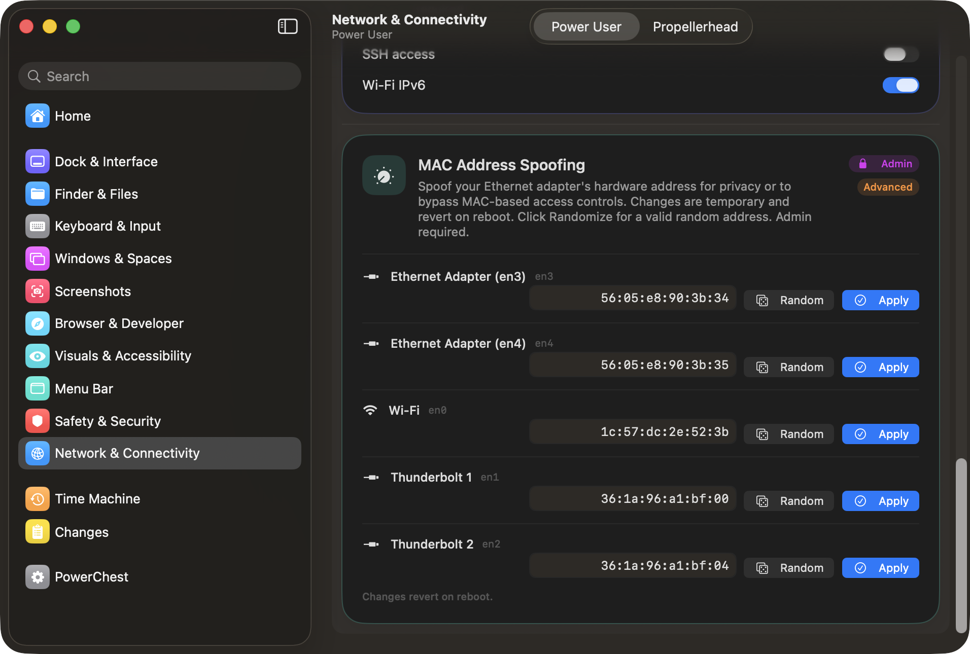 Network settings with MAC address spoofing