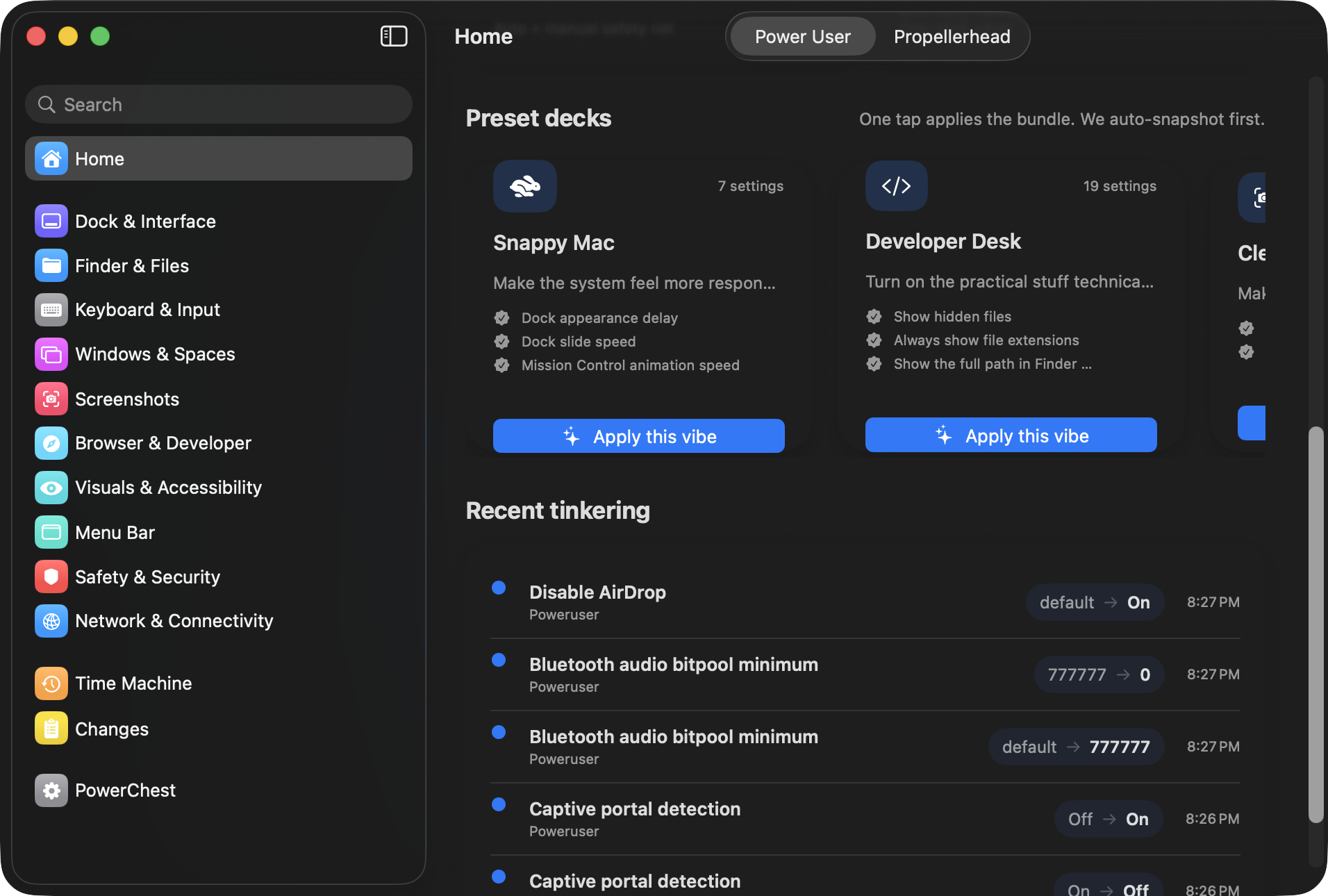 One-click presets and recent change timeline