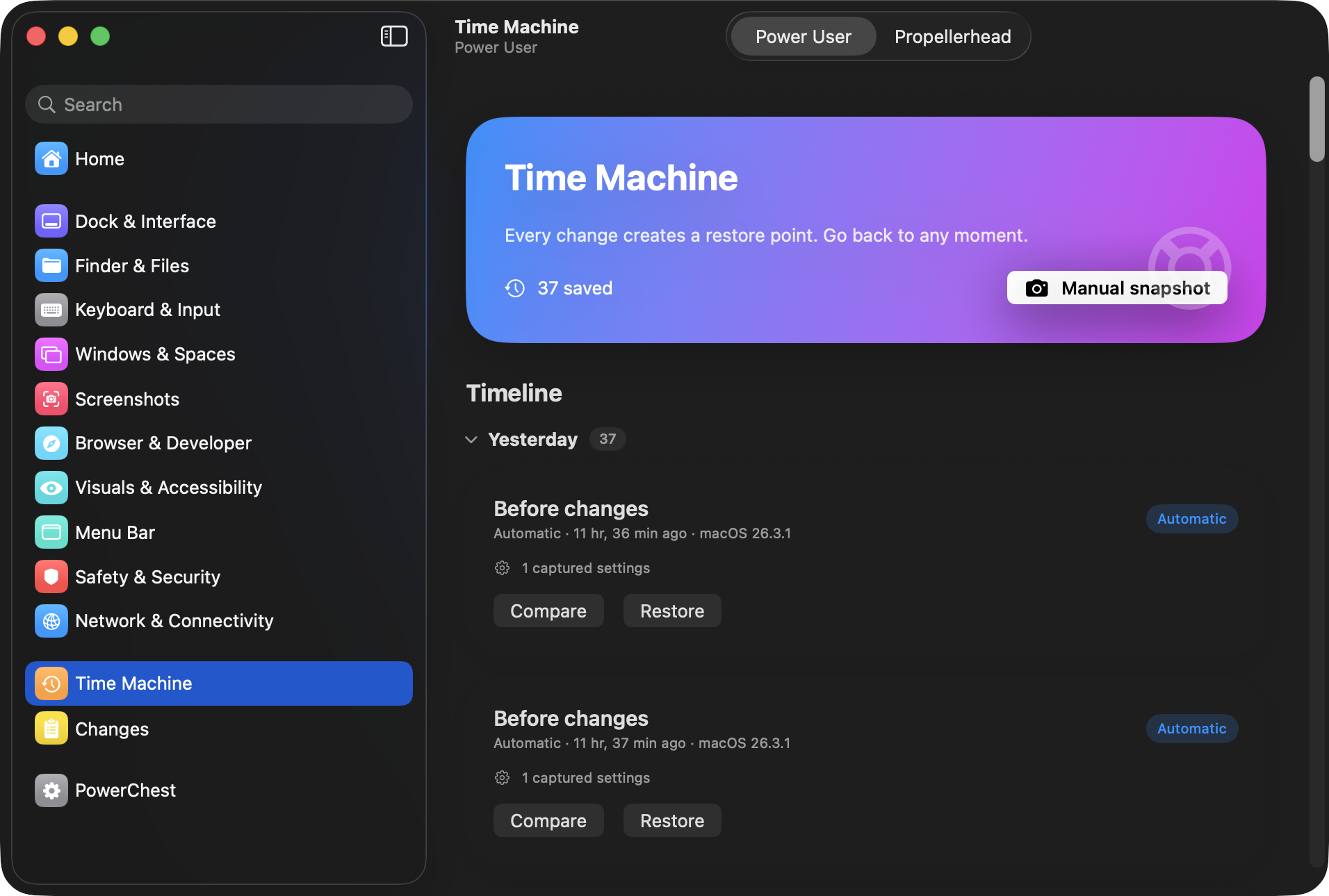 Time Machine view with snapshots grouped by date
